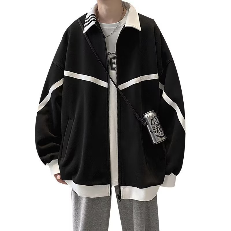 Men Casual Lapel Zip Black White Contrast Loose Sports Jacket