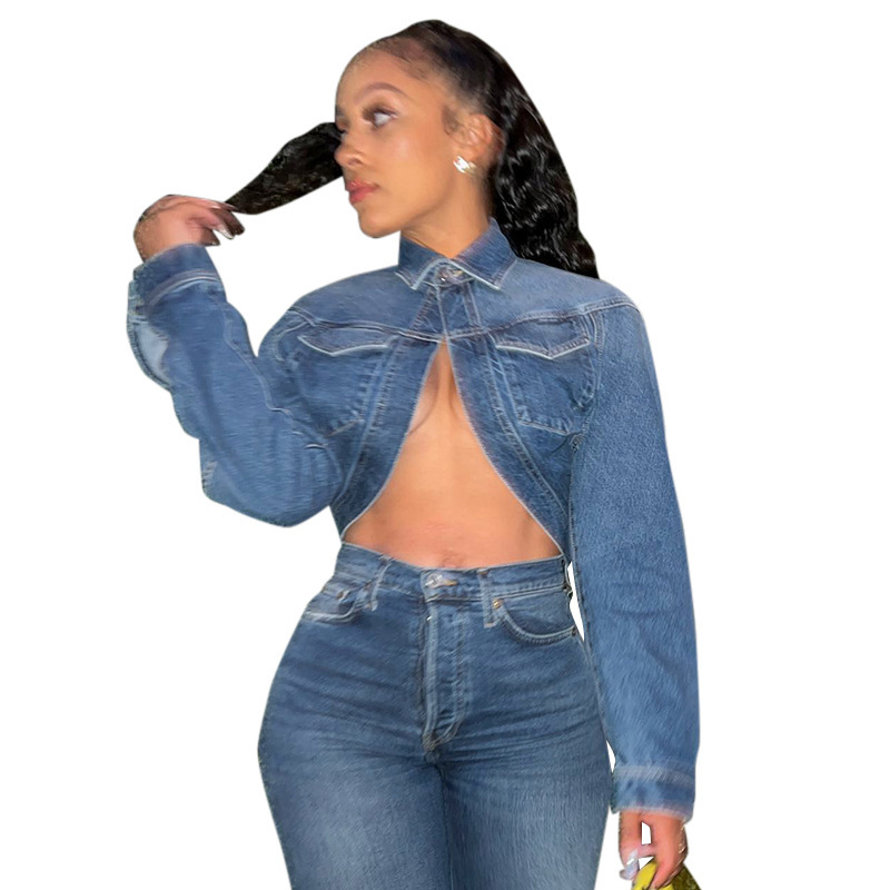 Women Denim Lapel Long Sleeve Button Irregular Crop Top