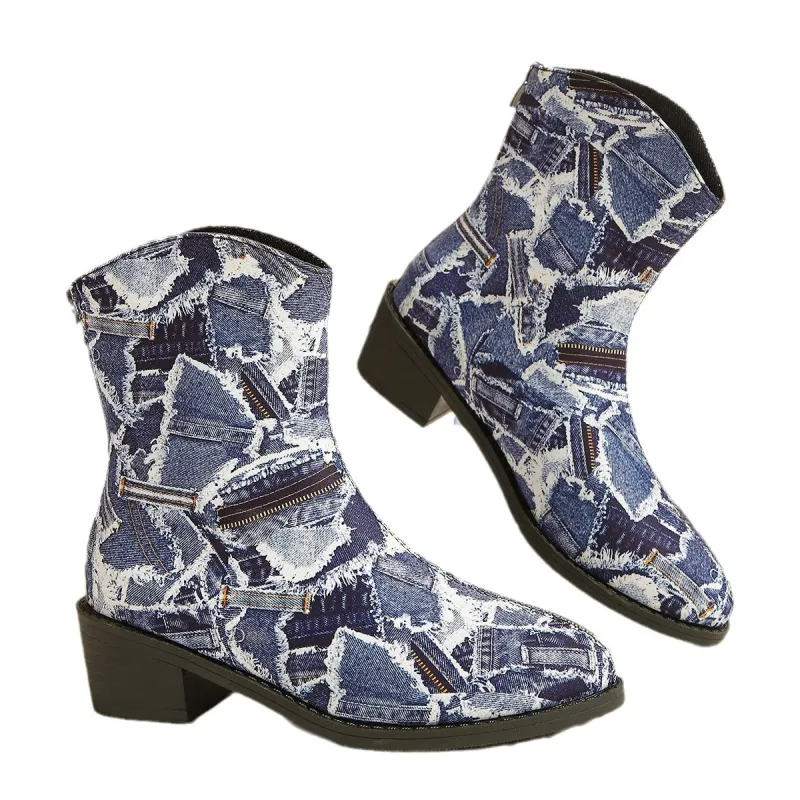 Women Fashion Plus Size Denim Print Pointed Toe Short Boots