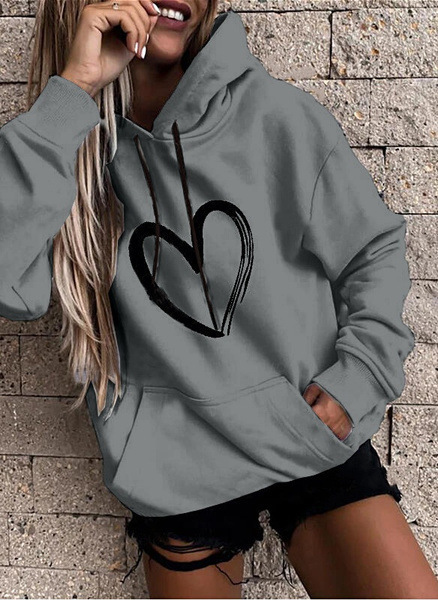 Women Casual Basic Hoodie Fashion Heart Print Long Sleeve Sweatshirt