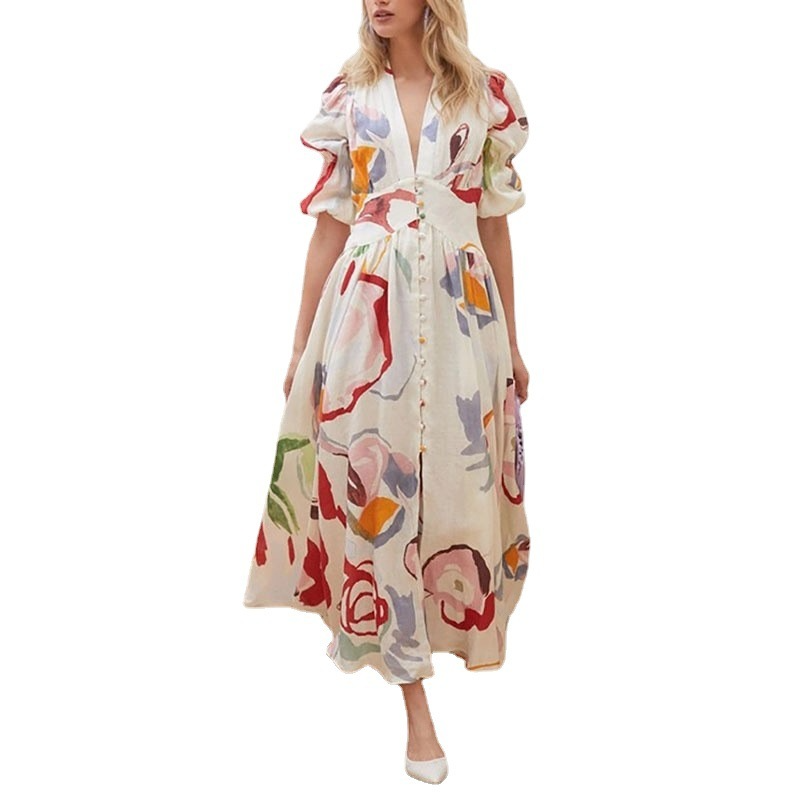 Women Vacation Beach Swing Elastic Fabric Floral Printed Buttoned Half Sleeve V Neck Casual Maxi Shirt Dress