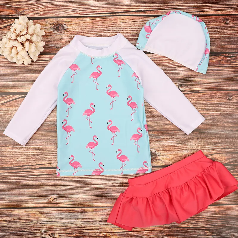 (Buy 1 Get 1) Children Kids Baby Fashion Girls Long Sleeve Quick-Drying Cartoon Flamingo Print Swimsuit 3pcs Set