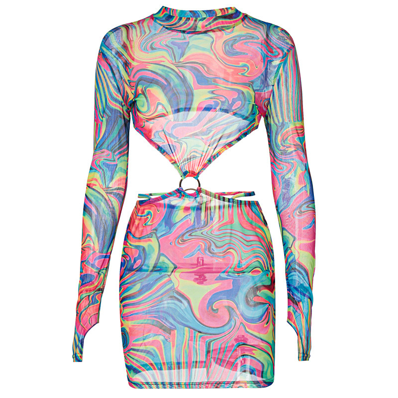 Women Fashion Sexy Printing Mesh Long Sleeve Dress