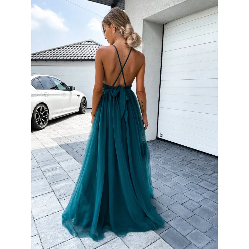 Fashion Sexy Backless Women Elegant Lace Mesh Halter Neck Maxi Party Dress