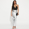 Women Fashion High-Waist Metallic Glossy Slit Skirt