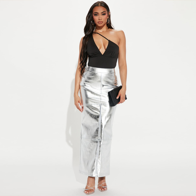 Women Fashion High-Waist Metallic Glossy Slit Skirt