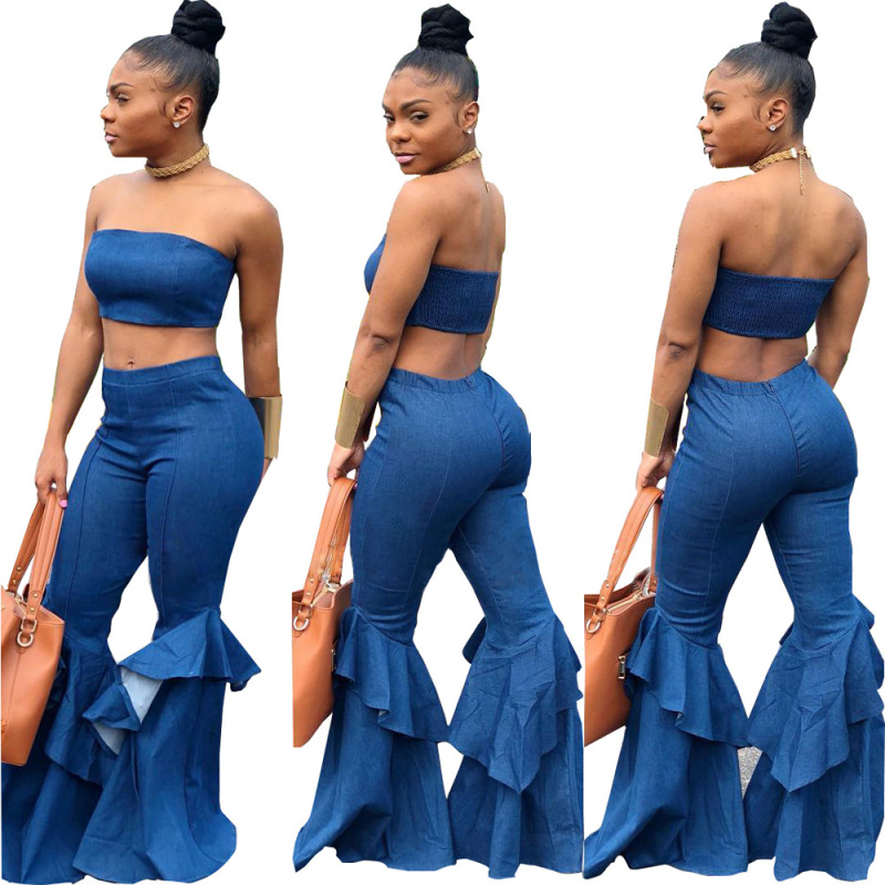 Sexy Women Tube Top Flared Jeans Two-Piece Denim Set