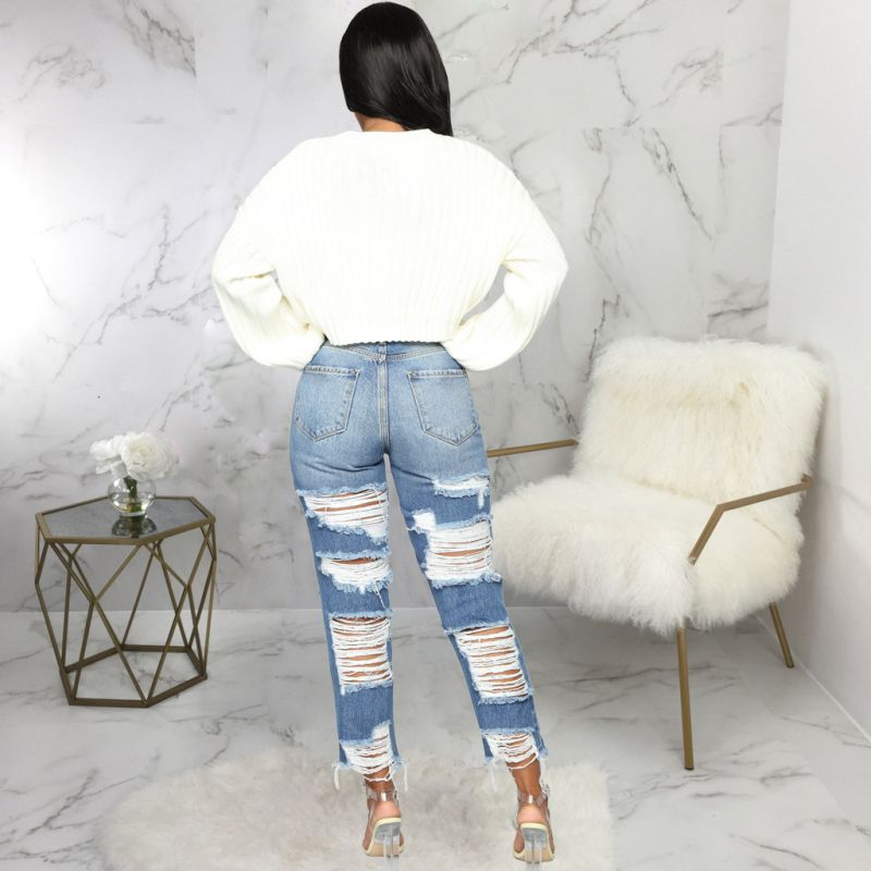 Unique Stone-Washed Raw Hem Ripped Straight Jeans