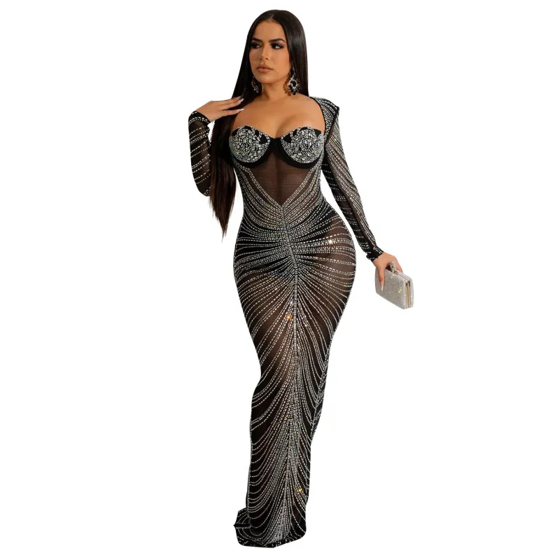 Women'S Sexy Elegant Mesh Rhinestone Long-Sleeved Maxi Party Dress