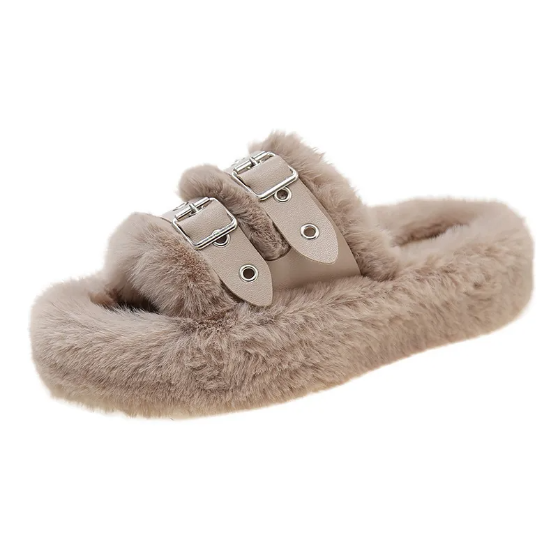 Autumn Winter Women Fashion Plus Size Belt Buckle Plush Warm Home Slippers