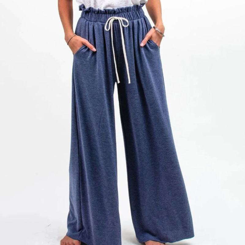 Women Fashion Casual Solid Color Drawstring Loose Pocket Trousers Wide Leg Pants