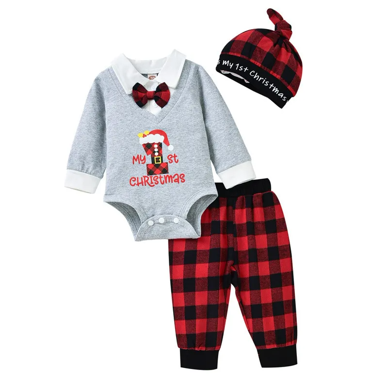 Kids Baby Boys Fashion Casual Christmas Bow Lapel Long Sleeve Romper Plaid Trousers Sets