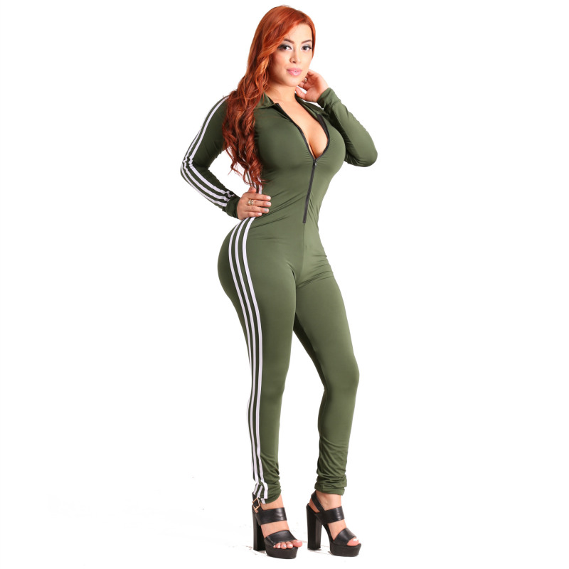 Athleisure Women Long Sleeves Zipper Solid Color Jumpsuit