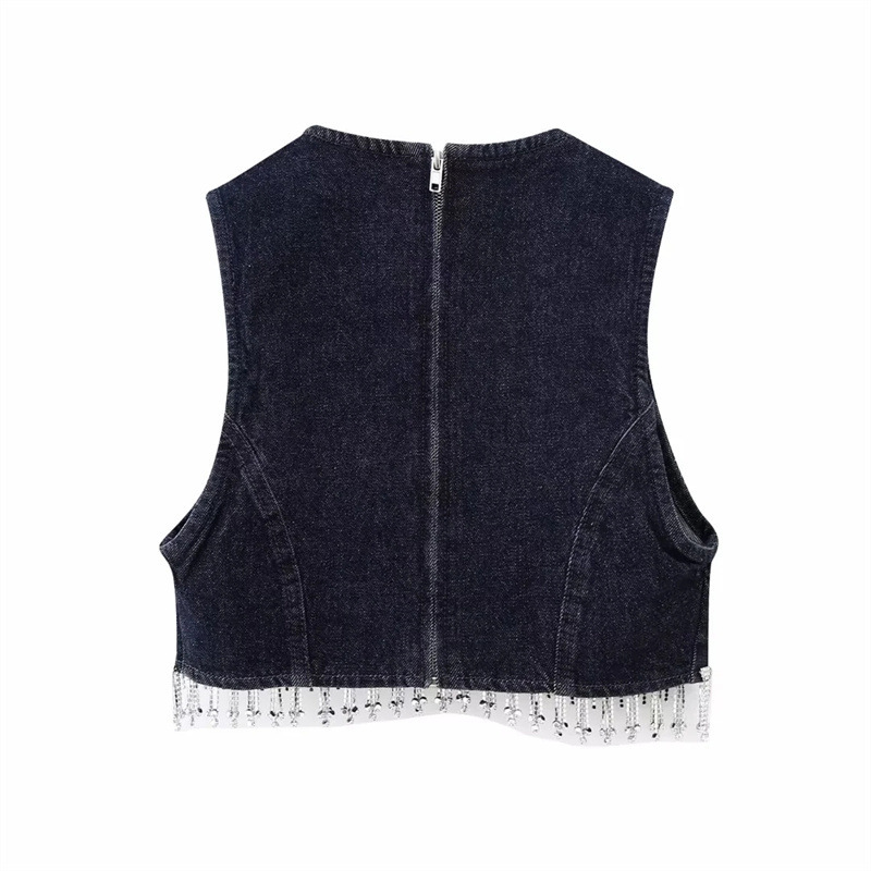 Women'S Sexy Edgy Rhinestone Tassel Sleeveless Denim Top