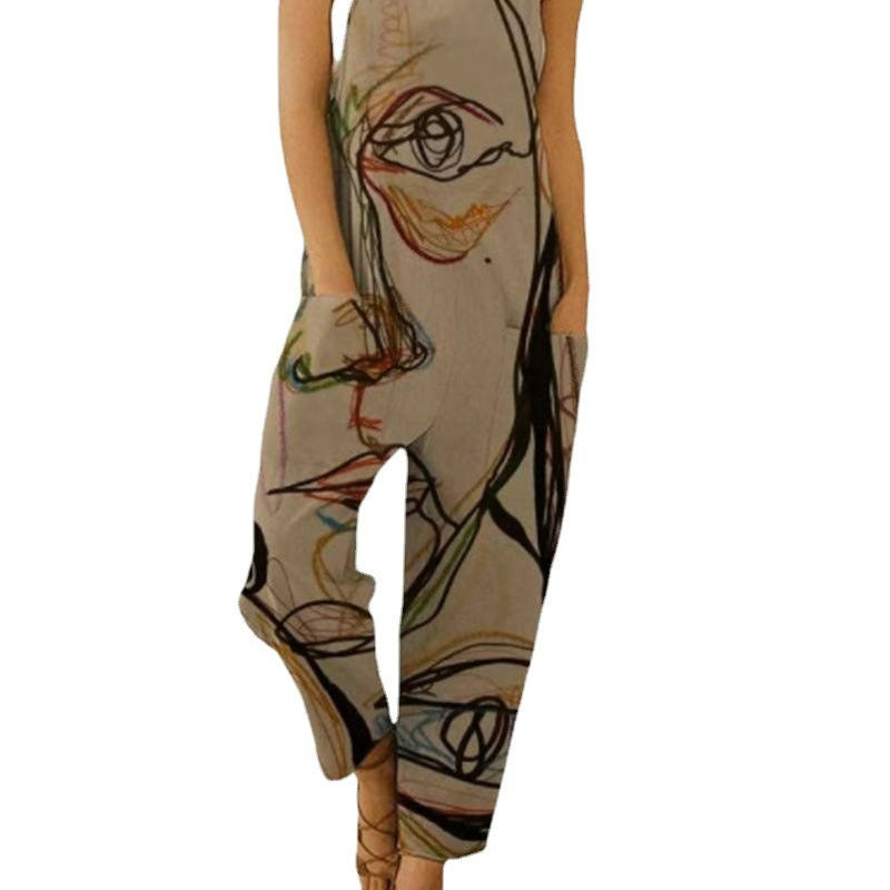 Women Vintage Abstract Print Suspender Jumpsuit