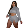 Women Fashion Athleisure Solid Color Cropped Hoodie And Split Lace-Up Shorts Sports Set