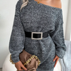 Autumn Winter Women Fashion Casual Boat Neck Shoulder Multicolor Lantern Sleeve Knitted Dress