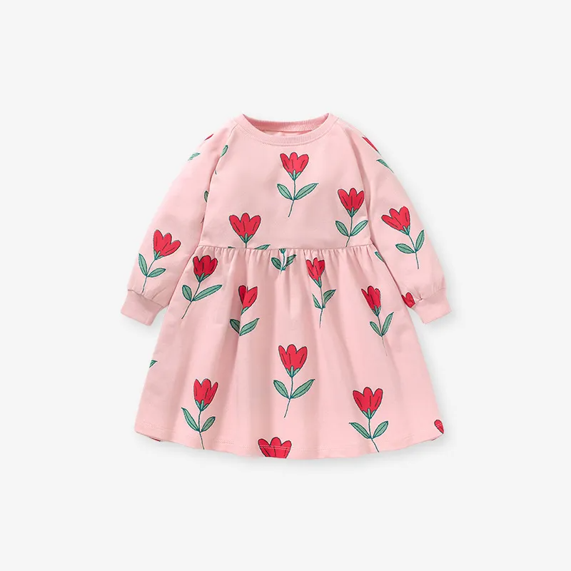 Kids Toddler Big Girls Summer Fashion Casual Sweet Cotton Solid Color Floral Round Neck Long Sleeve Dress