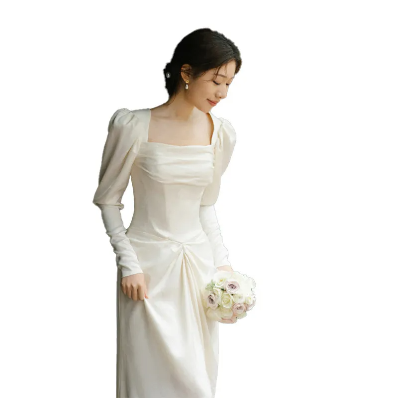 Korean-Style Women Wedding Satin Long Sleeve Temperament Evening Mermaid Dress