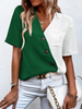 Women Casual Summer Chiffon V-Neck Fashion Color Blocking Short-Sleeved Blouse