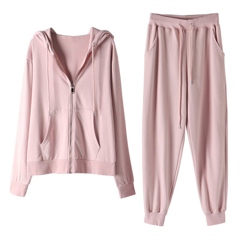 Women Fashion Athleisure Casual Solid Color Zipper Hoodie Sweatpants Two-Piece Loose Sports Set