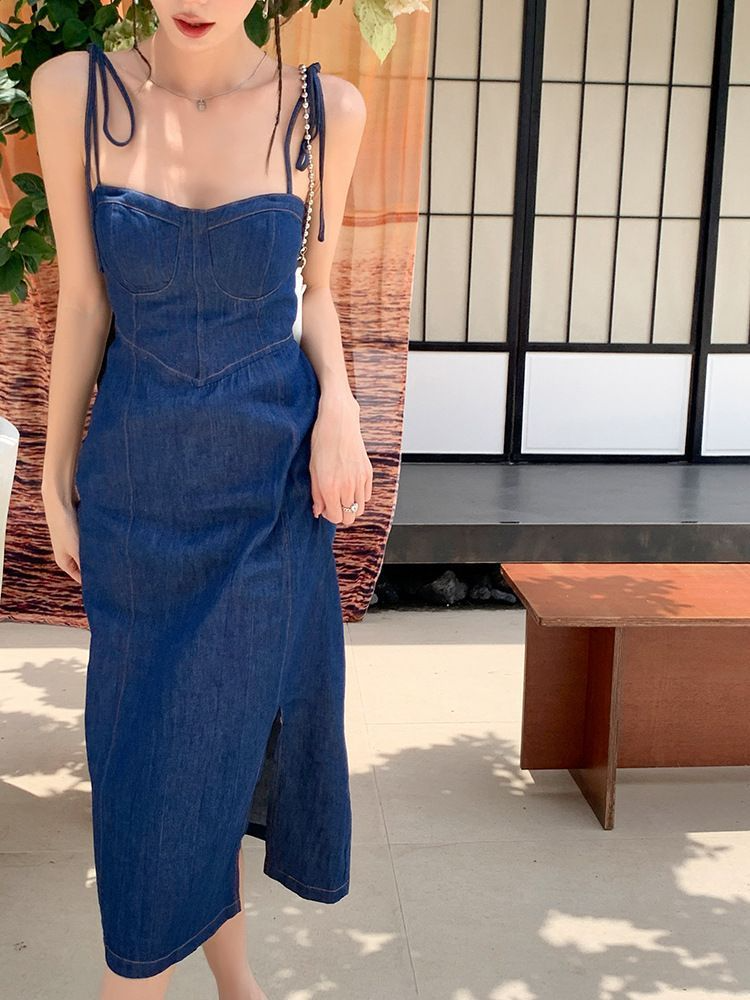 Women'S Sexy Edgy Slit Defined Waist Slip Denim Dress