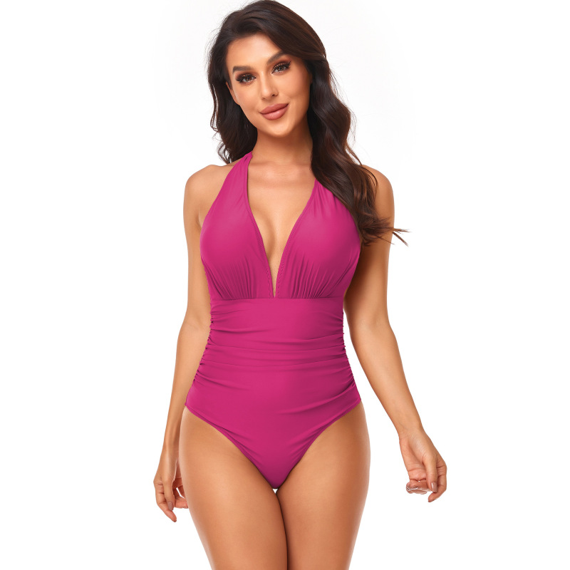 Women Simple Solid Color Shirring Halter Neck One-Piece Swimwear