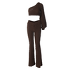 Women Solid Color Pleated One Shoulder Long Sleeve Top And High Waist Pants Two-Piece Set