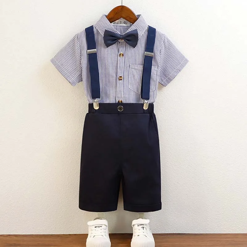 Kids Toddler Big Boys Spring Summer Autumn Fashion Casual British Style Bow Stripe Waistcoat Shirt Suspender Trousers Boys Party Clothing Set