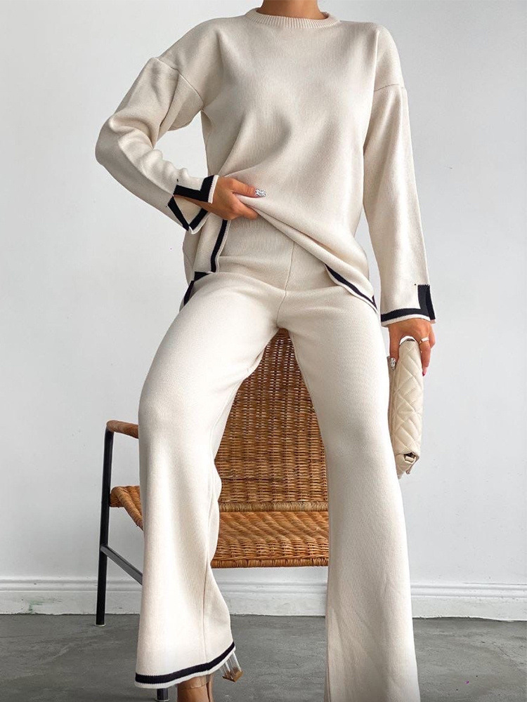 Autumn Winter Women Round Neck Long Sleeve Contrast Color Sweatshirt And Pants Athleisure Set