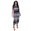 Women Casual Mesh Print High Collar Sleeveless Slim Vest Long Skirt Suit