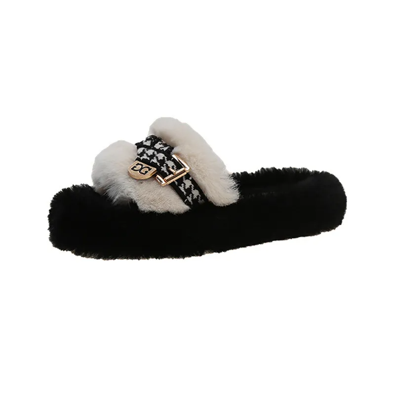 Autumn Winter Women Fashionable Houndstooth Belt Buckle Plush Round Toe Flat Home Slippers