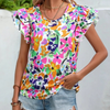 Fashion Women Summer Vacation Floral Print Double Layer Ruffled Short-Sleeved Blouse