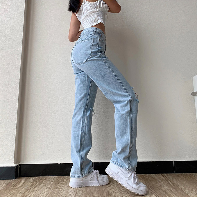 Women High Waist Mom Ripped Jeans Straight Denim Pants