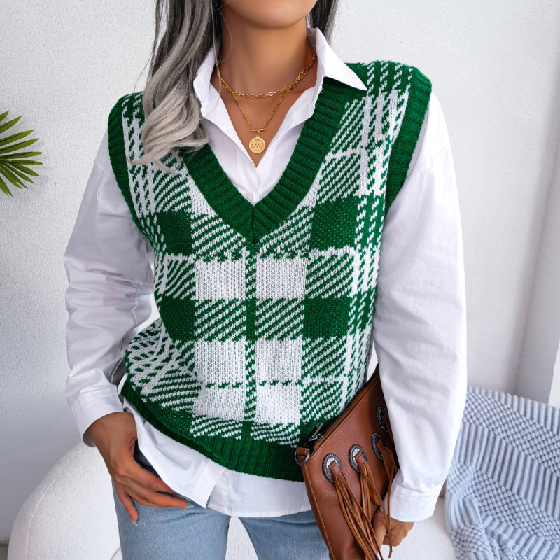 Women Fashion Casual Color Block Plaid Knitted Vest Sweater