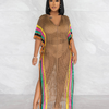 Women Summer Vacation Rainbow Color V Neck Hollow Knitted Tassel Coverup