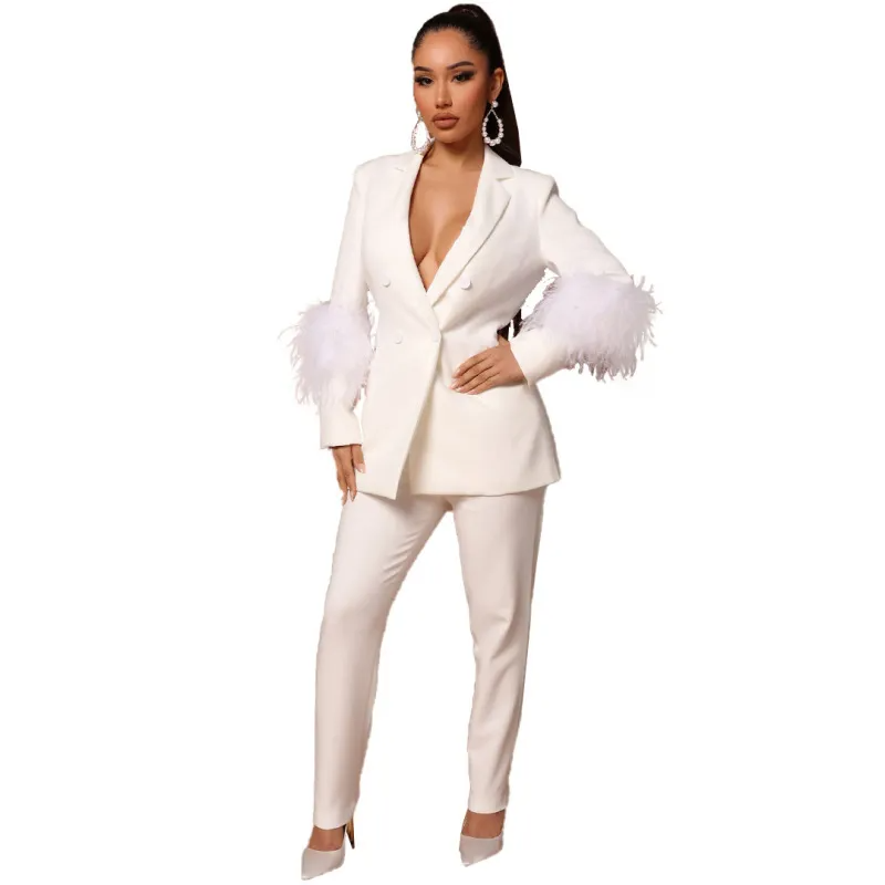 Women Fashion Casual Solid Color Feather Cuff V-Neck Coat Slim-Fit Pants 2pcs Blazer