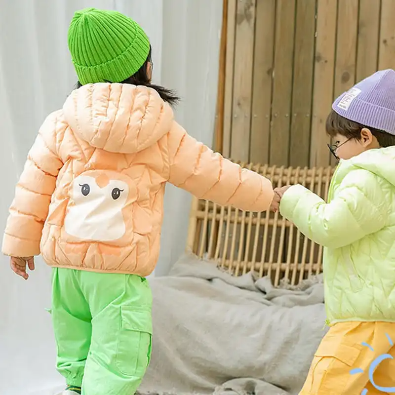 Kids Penguin Pattern Letter Printed Hooded Quilted Jacket