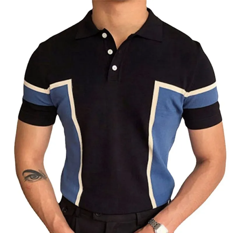 Men Fashion Patchwork Lapel Short Sleeve Knit Polo Shirt