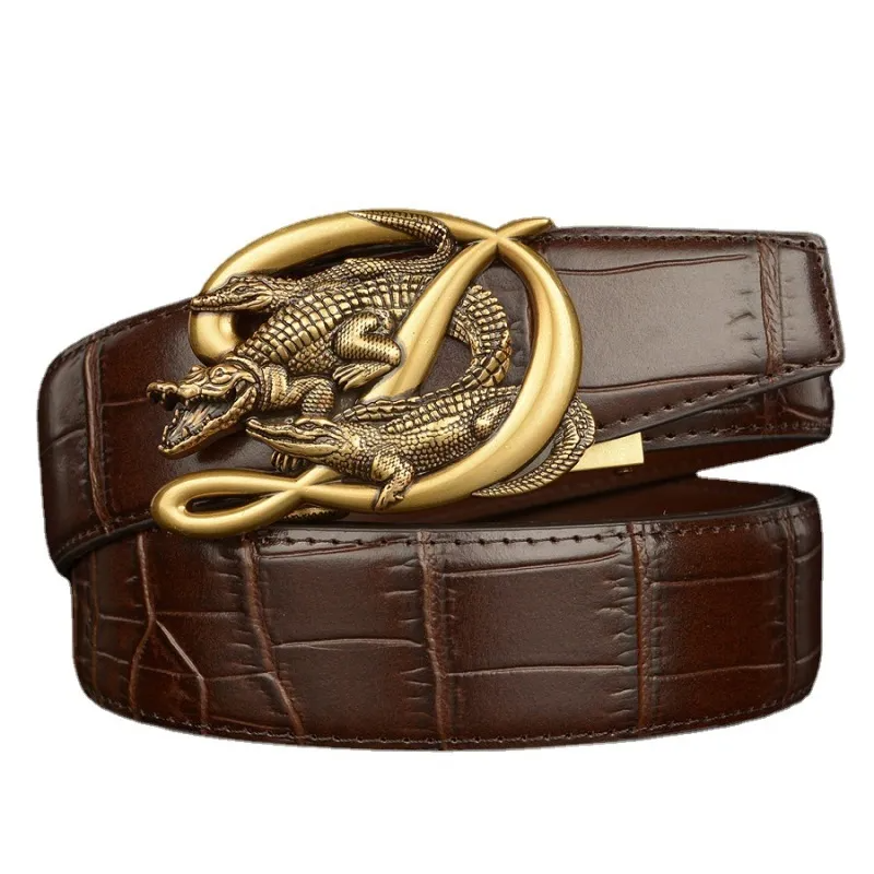 Men Fashion Casual Business Solid Color Leather Metal Buckle Crocodile Belt