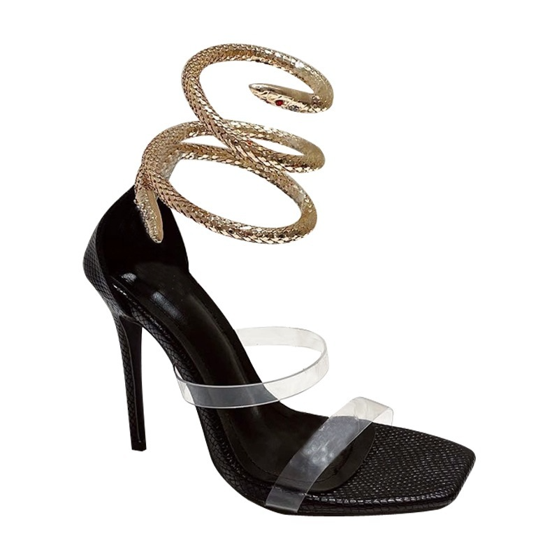 Women Sexy Creative Metal Snake Wrap Design Square-Toe Transparent Upper Super-Heel Stiletto Sandals