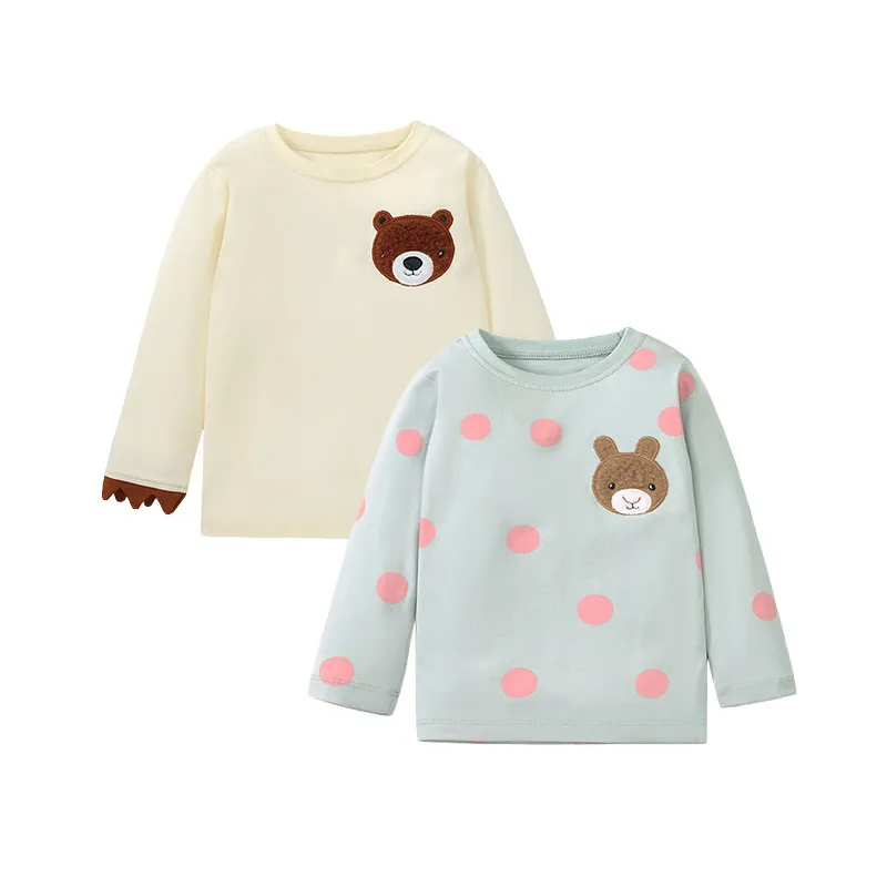 ( Buy 1 Get 1 ) Kids Toddler Big Girls Fashion Casual Cute Polka Dot Cartoon Bear Embroidery Round Neck Long Sleeve T-Shirt