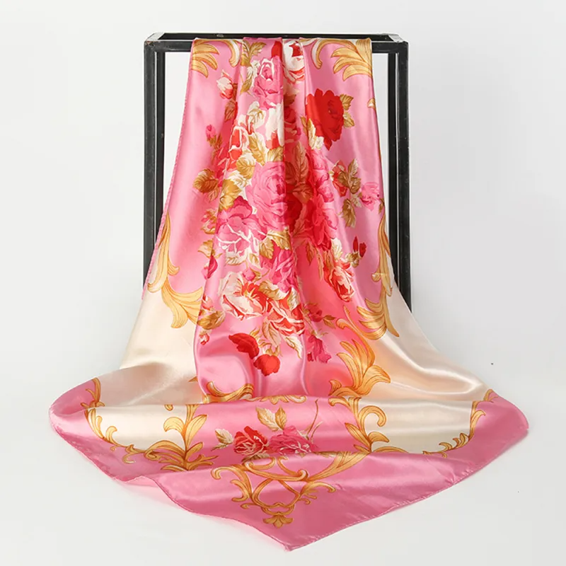 (Buy 1 Get 2) 90*90Cm Women'S Simple Fashion Floral Print Imitation Silk Scarf