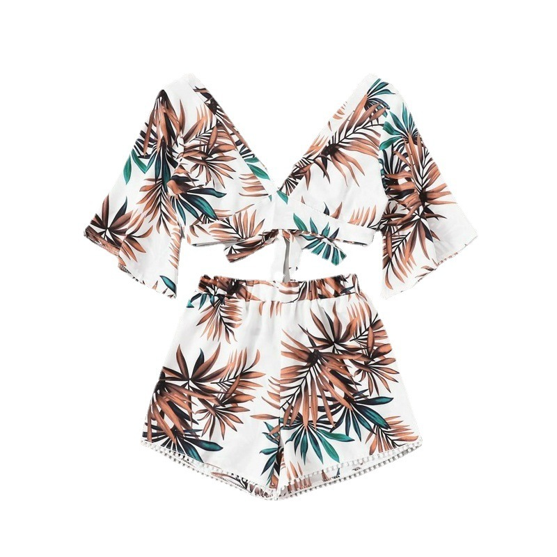 Summer Vacation Leaf Printed V-Neck Short-Sleeved Cropped Blouse Shorts Two-Piece Casual Set