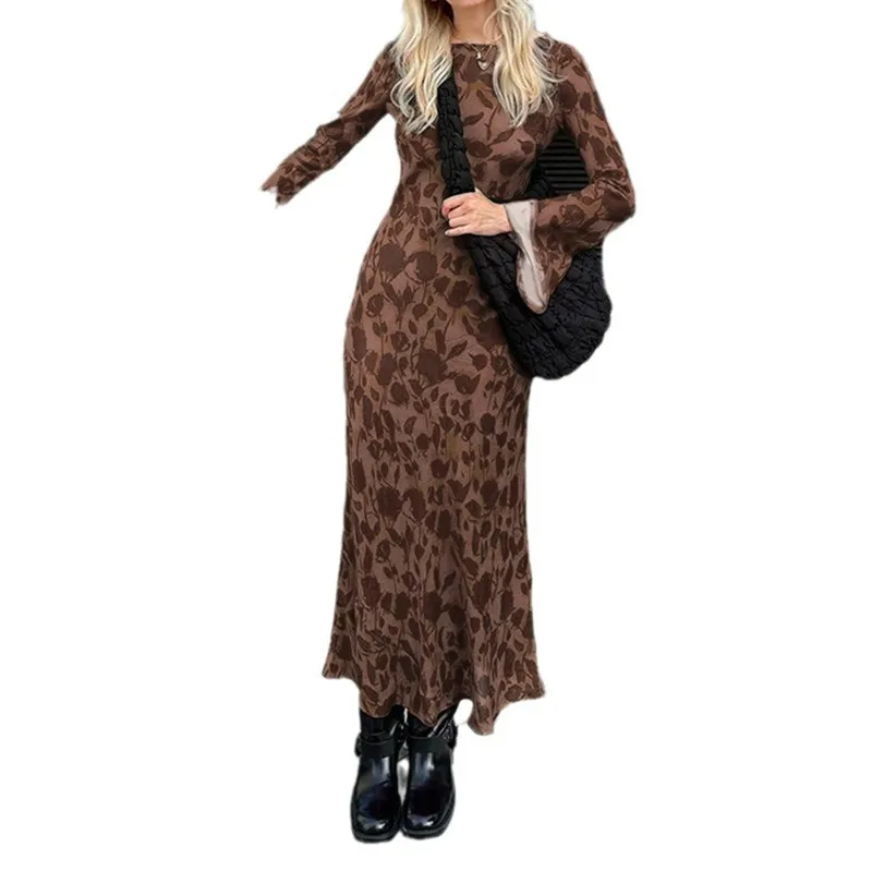 Ramadan /Eid Women Vintage Print Round Neck Long Sleeve Dress