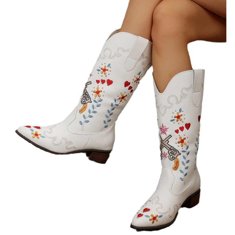 Women Fashion Plus Size Embroidered Point-Toe Boots