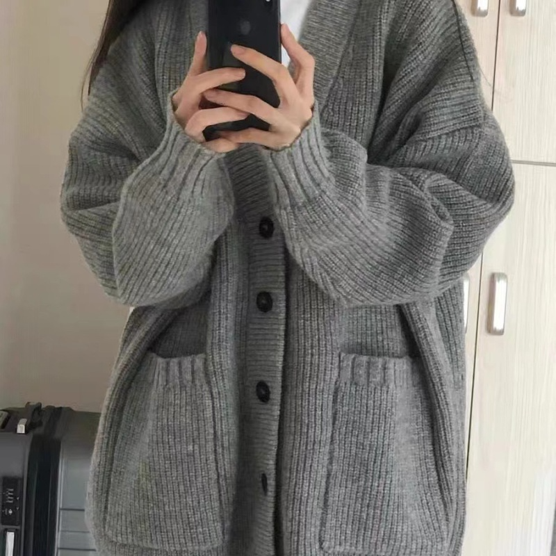 Women Fashion Simple Lazy Style V-Neck Cardigan Sweater Knitted Jacket