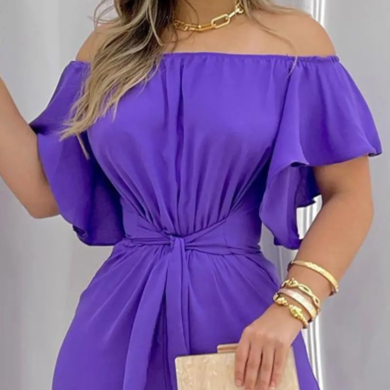 Women One-Shoulder Tie Short Sleeves Jumpsuit