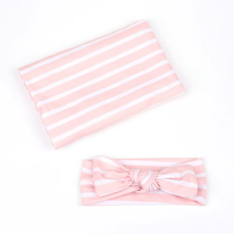 Baby Newborn Stripe Print Swaddle Blanket Wrapping Towel And Headband 2pcs Set