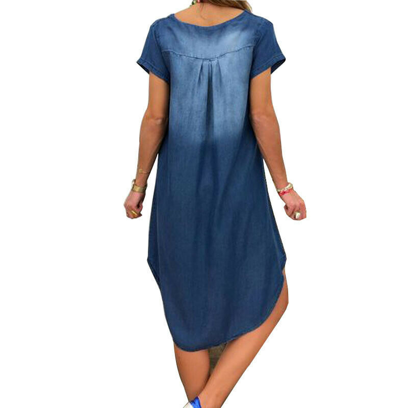 Women Casual Summer V Neck Pullover Short Sleeve Denim Dress